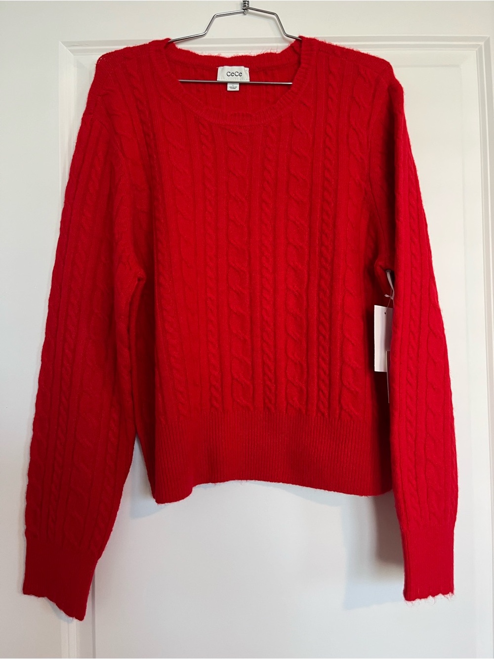 CeCe Vibrant Red Cable-Knit Scoop Neck Sweater